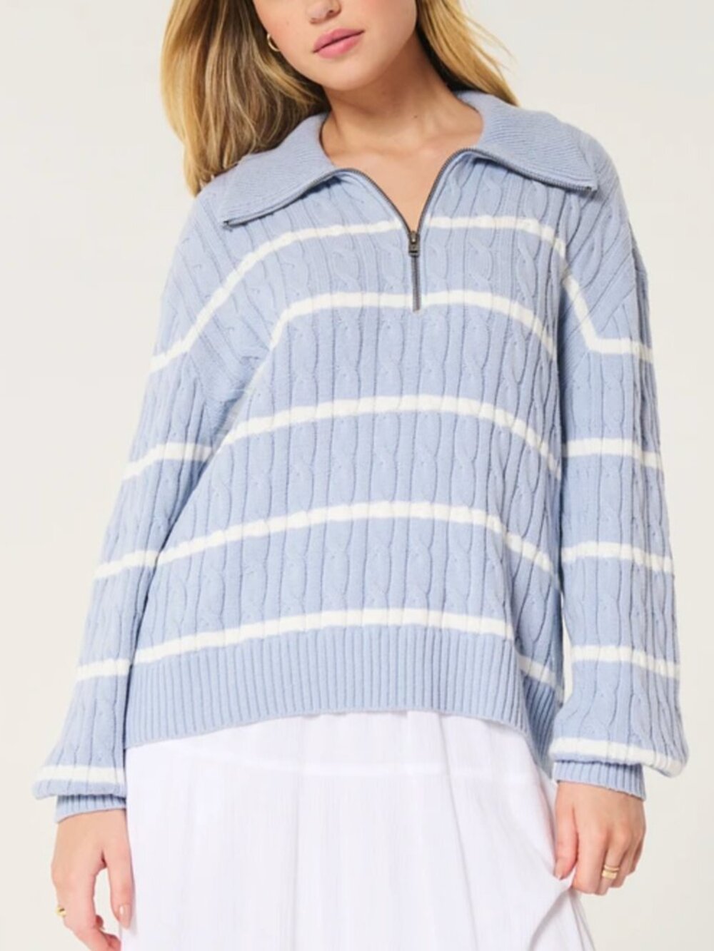 HOLLISTER HCO Oversized Cable Knit Half Zip Sweater Blue White Striped 1/4 Zip